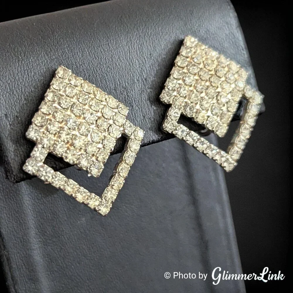 Vintage 70s Rhinestone Geometric Diamond Art Deco Style Clip On Earrings